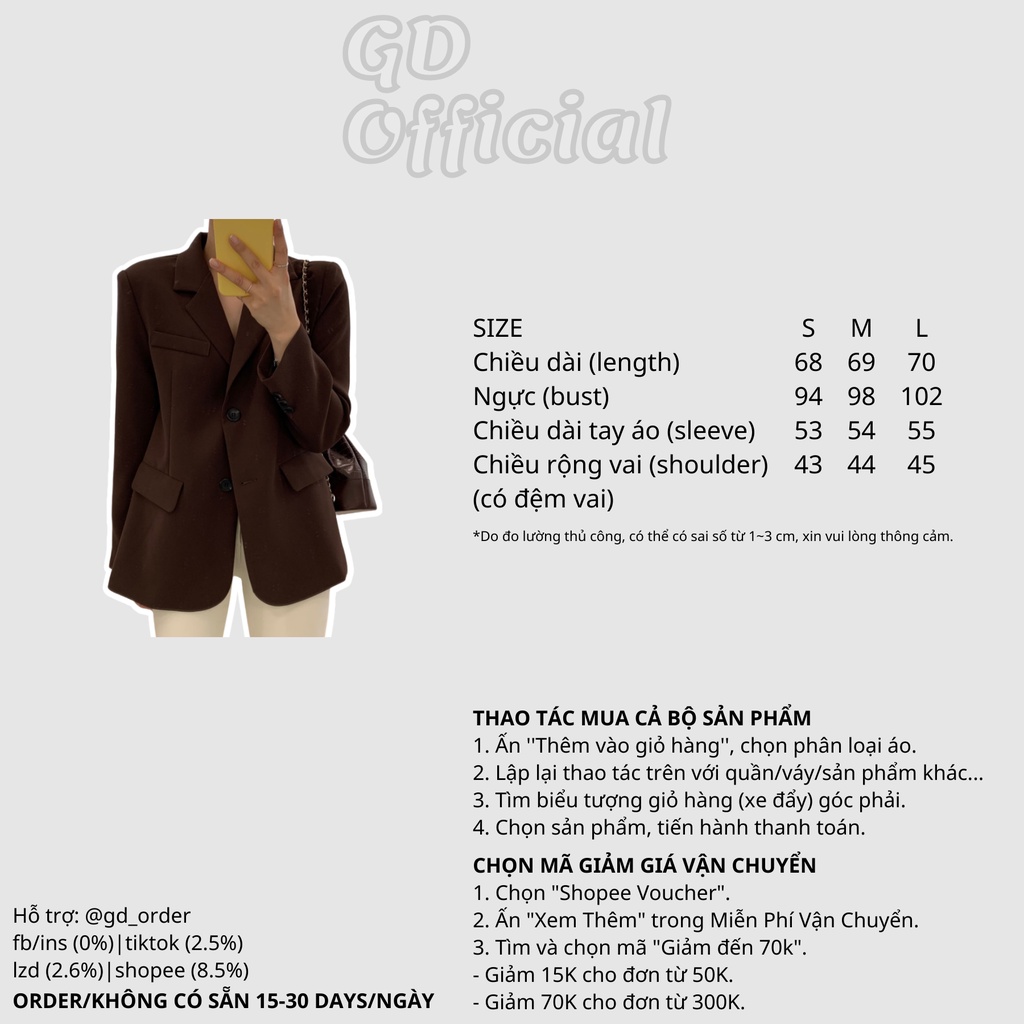K75|Áo khoác blazer dài tay cổ điển chất cotton dày dặn thiết kế thanh lịch cho nữ dài tay rộng rãi đen, nâu,GD Official