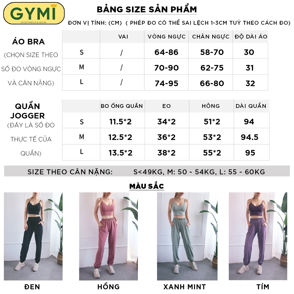 Set bộ đồ tập gym yoga nữ GYMI SET14 gồm áo bra hai dây thun lạnh và quần jogger gió giấy thể thao