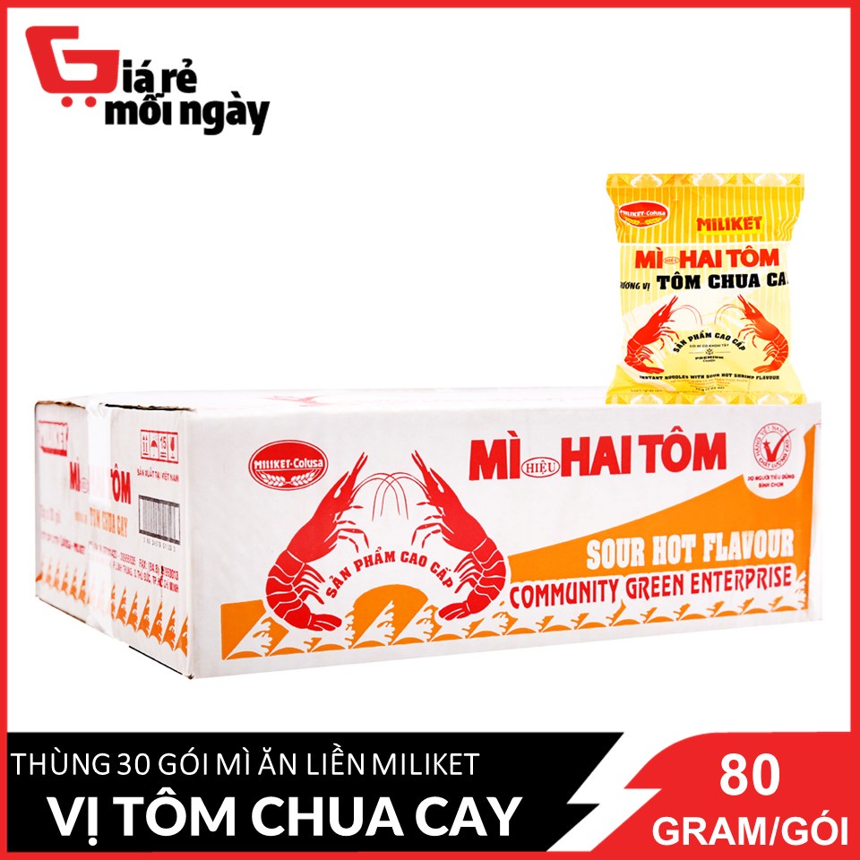 [Nguyên thùng 30 gói] Mì ăn liền Miliket Hai tôm hương vị tôm chua cay 80gX30