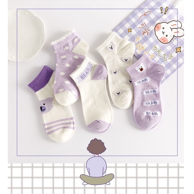 Vớ tất cổ trung hình gấu Bear màu tím trắng