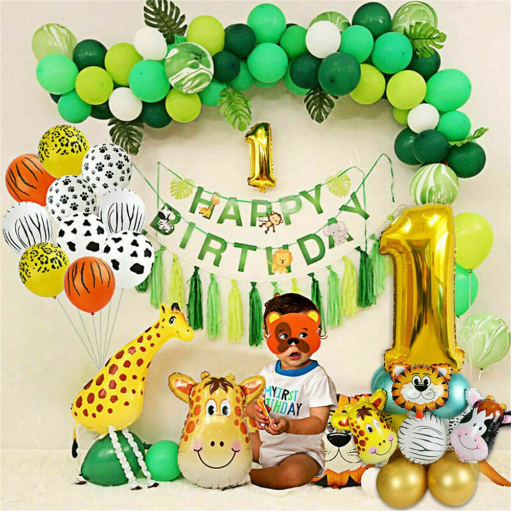 Set 26 bong bóng lá nhôm hình hươu cao cổ sư tử động vật rừng xanh trang trí cho tiệc sinh nhật bé 1/2/3 tuổi dễ thương