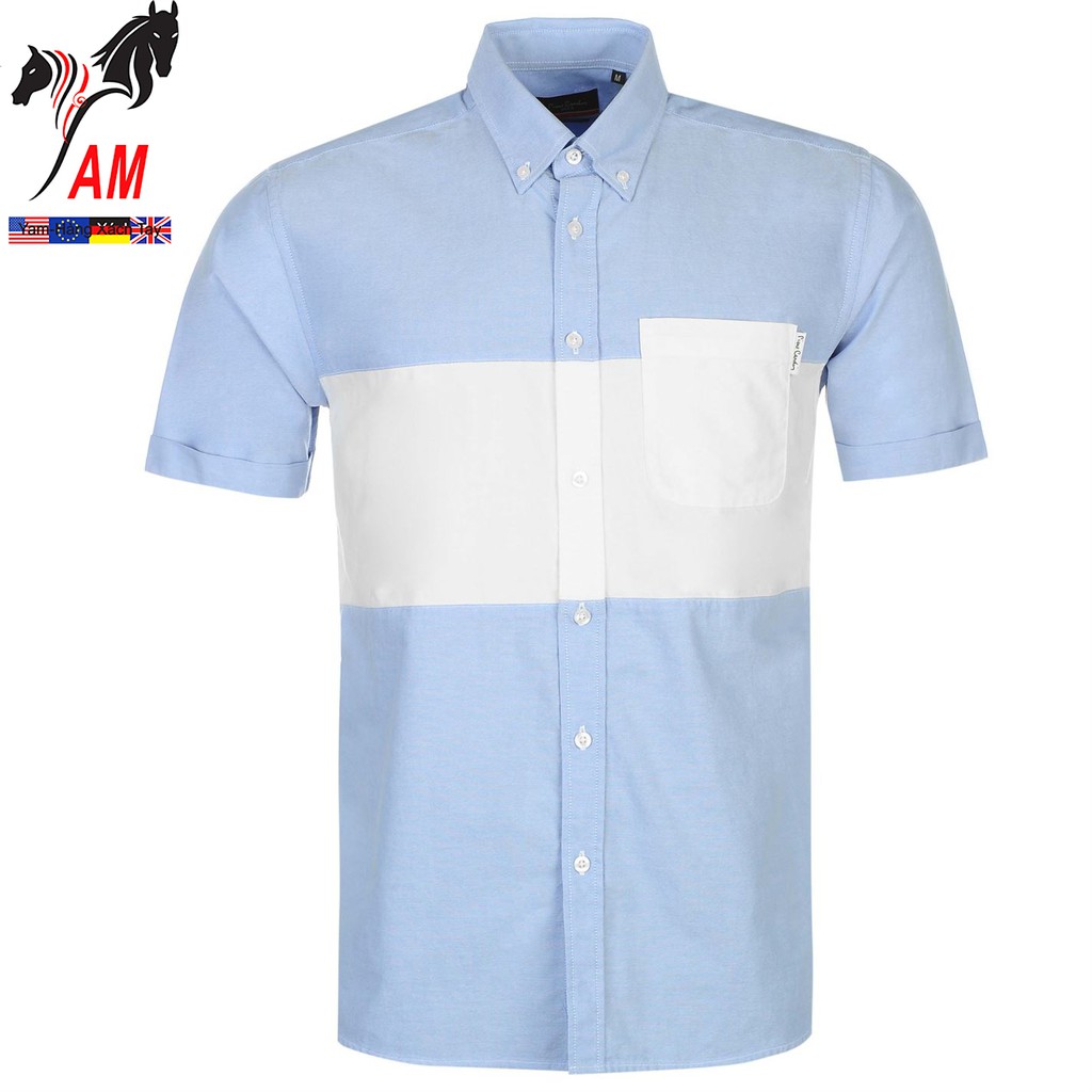 [100% cotton] Áo Sơ Mi Nam Ngắn Tay PIERRE Cardin Panel Short Sleeve Shirt Mens (Blue/White _ Size EU - UK)