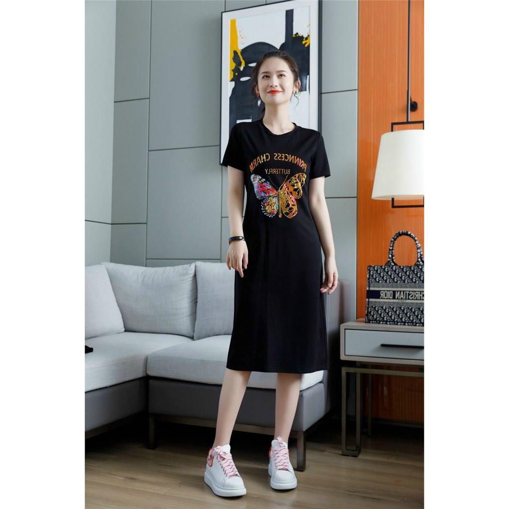 👗👗👗HÀNG QC - ĐẦM SUÔNG THUN CHỮ HỌA TIẾT BƯỚM SIÊU SANG