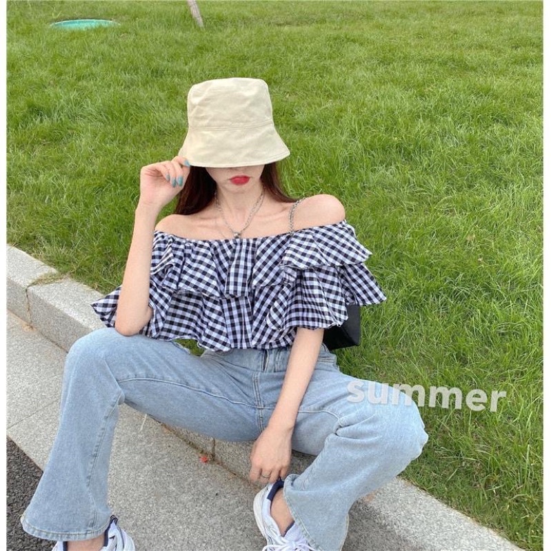 Áo Trễ Vai Sọc Caro Tiểu Thư Siêu Đẹp Mặc Được Nhiều kiểu