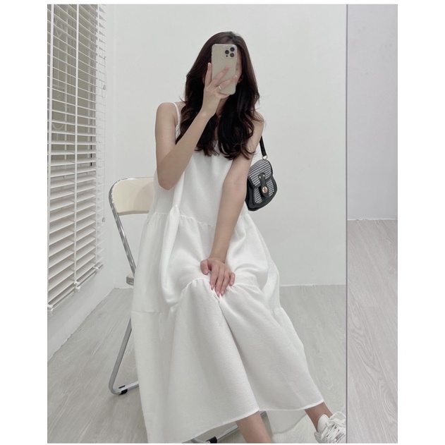 Đầm hai dây maxi 3 tầng đi biển, Váy babydoll hai dây chất đũi chữ A xoè rộng