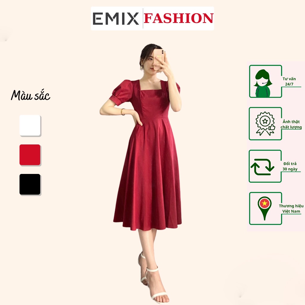 Đầm công sở nữ cổ vuông EMIX (3 màu), cộc tay, tay bồng, chất lụa nhẹ cao cấp, ít nhăn, không bai màu, không lộ