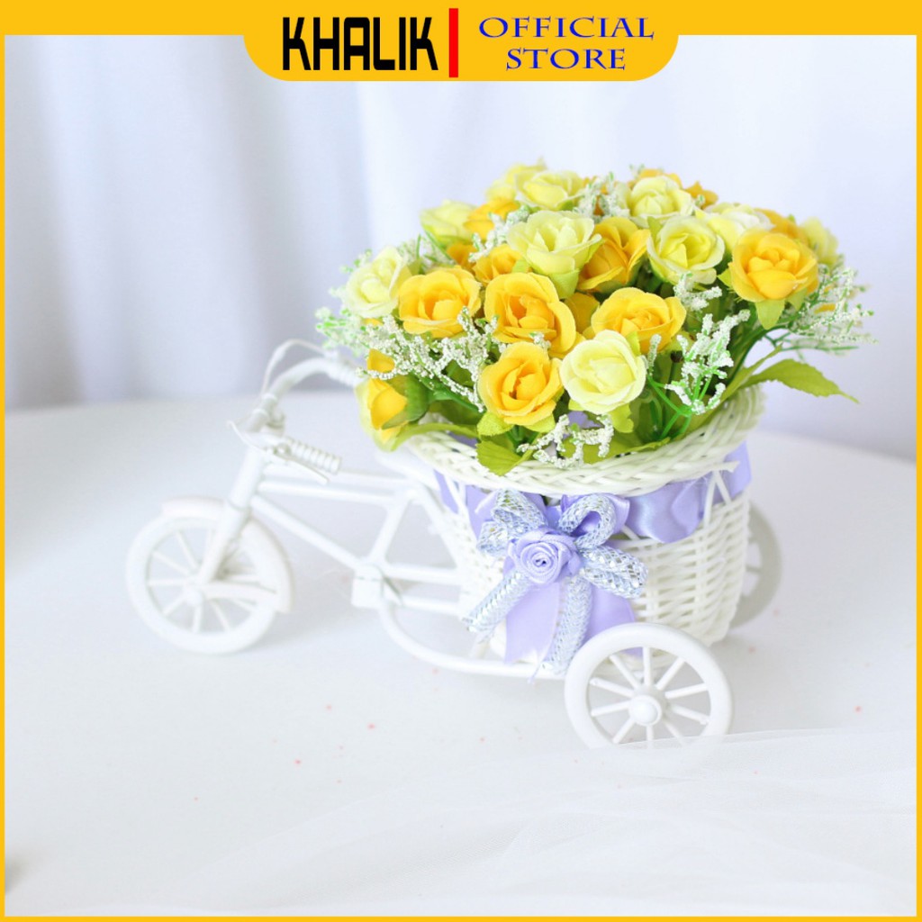 Hoa giả trang trí Decor KHALIK - HOA HỒNG, Giỏ bonsai hình xe đạp - HK3221