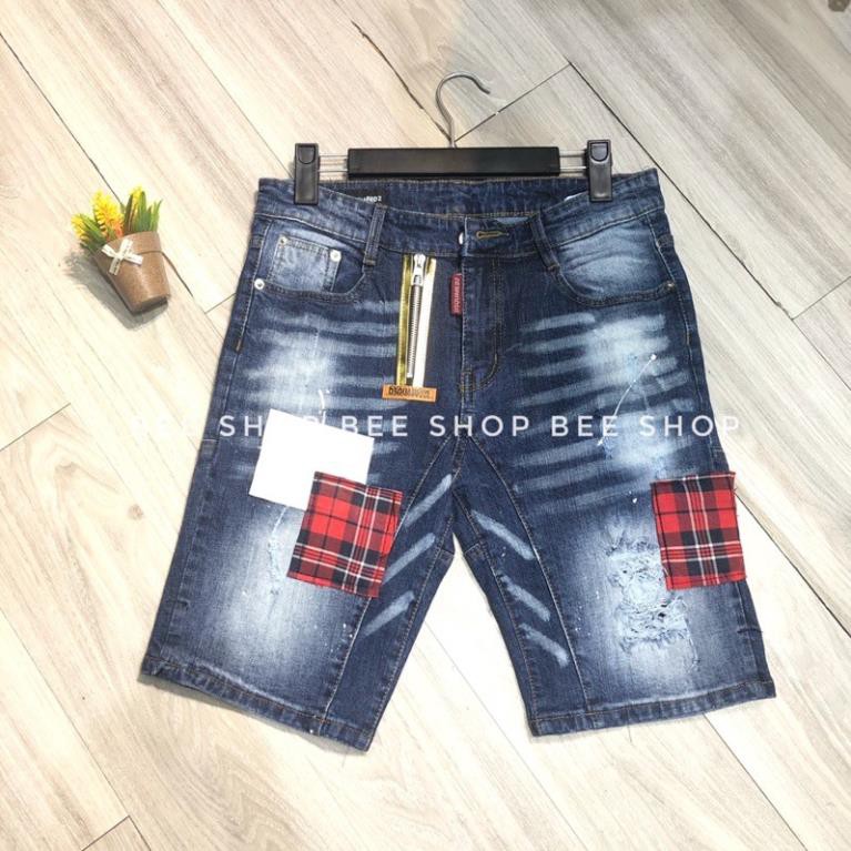 Quần bò ngố nam Dsq vá trắng đỏ , quần jean nam, quần short bò - Bee Shop ❣️