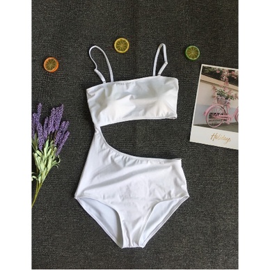Sét bikini nữ liền thân màu trắng cổ yếm cut out KONKUN MS32