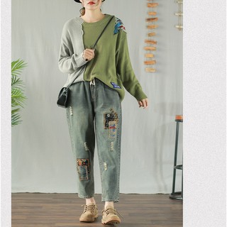 Áo len nữ thu đông vải dày phối màu phong cách vintage Nhật Bản