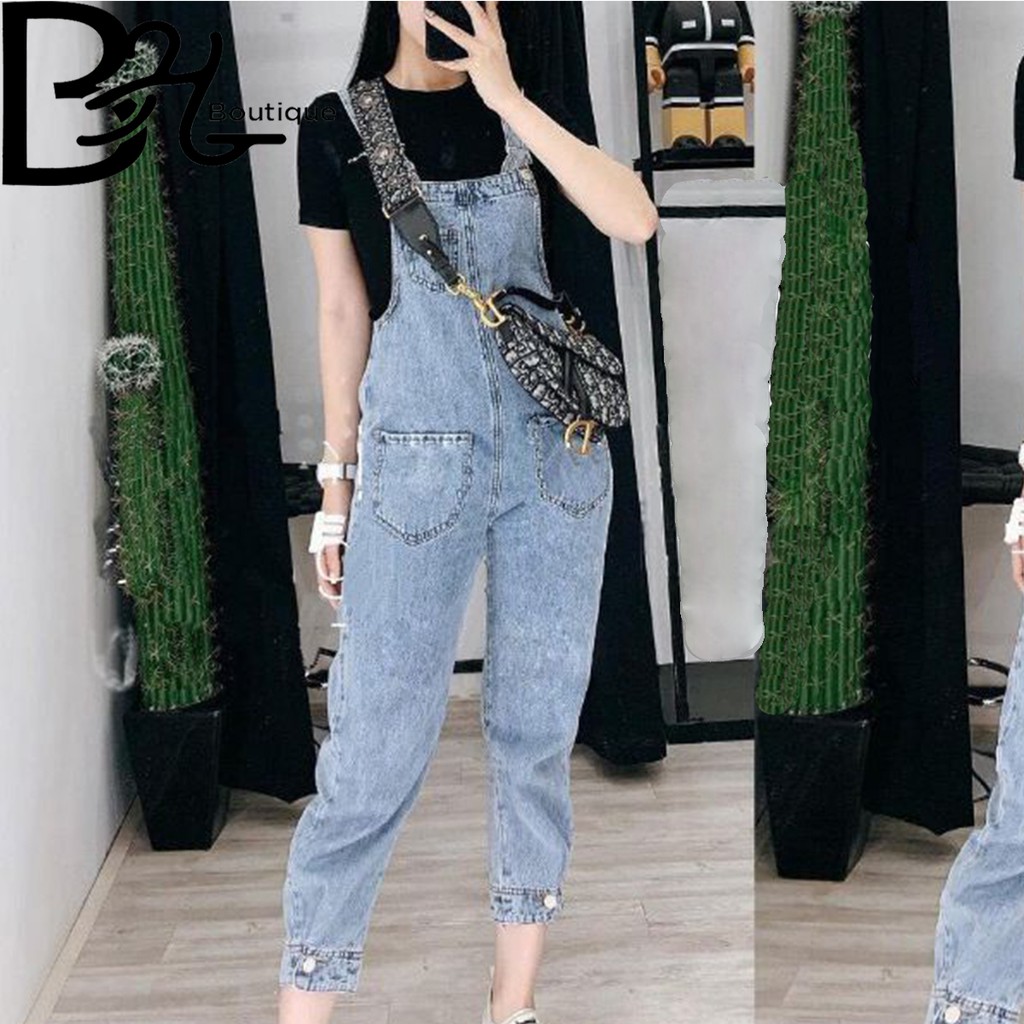 Yếm Jeans Dài Nữ phối nút lai thiết kế dạng quần yếm có túi trước và sau