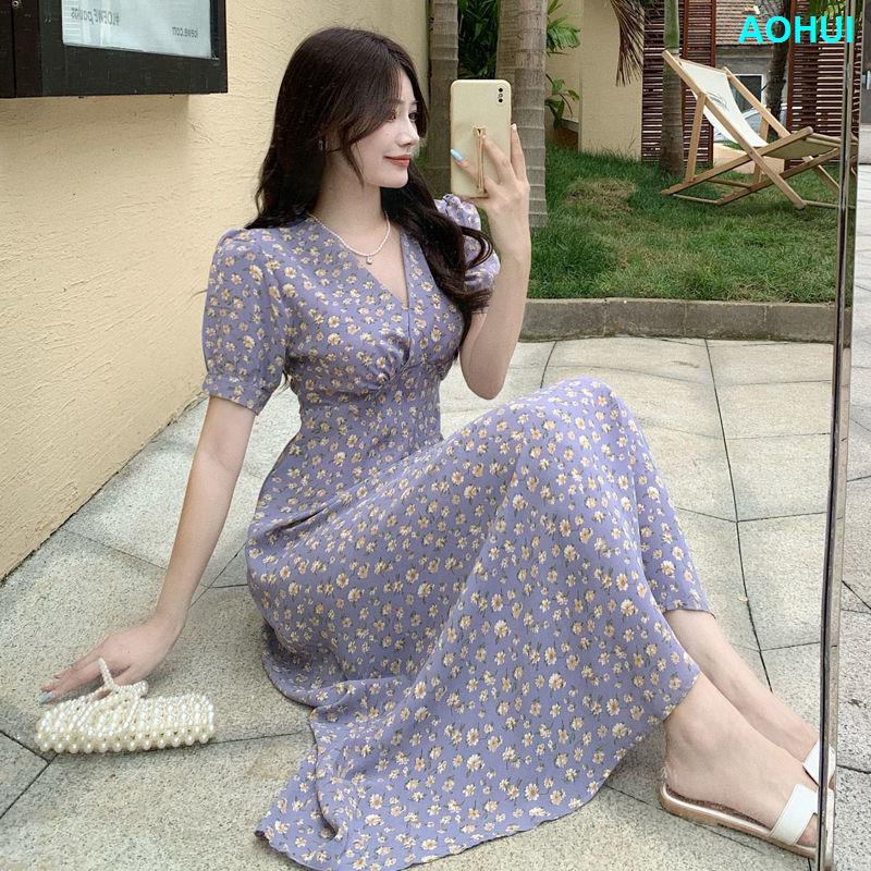 Váy hoa tím dành cho nữ Plus Size, Váy dài voan cổ tích tay phồng