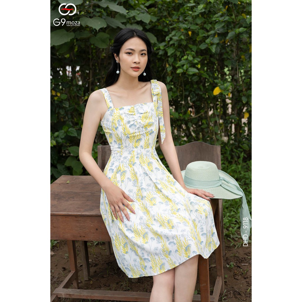 Đầm hai dây 9118 G9moza nhún ngực dáng xòe nhẹ nhàng,chất cát hàn mềm min, mát.