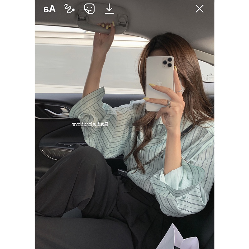 (MớI) Áo Sơmi DàI Tay Kẻ SọC Đơn GiảN Cho Nữ