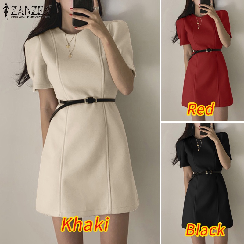 Đầm ZANZEA mini tay ngắn cổ tròn có khóa kéo thời trang phong cách Hàn Quốc cho nữ