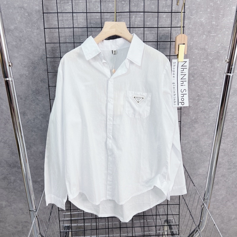 Áo sơ mi thô nữ dáng rộng đính logo túi, Áo sơ mi nữ dài tay cổ bẻ SM8539 - NhiNhi Shop