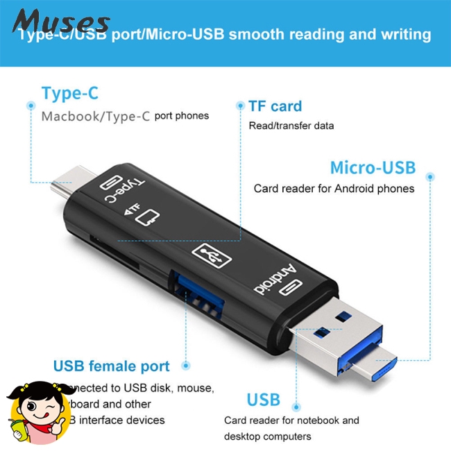Muse07 Đầu đọc thẻ nhớ 5 trong 1 có hỗ trợ cổng kết nối USB2.0 loại C/Micro USB/SD/TF tiện dụng