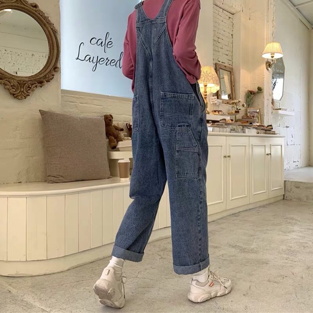 [KÈM ẢNH THẬT + SẴN] yếm quần bò jeans xanh dài dáng suông rộng túi ngực thêu hình xinh xắn ulzzang hàn quốc | BigBuy360 - bigbuy360.vn
