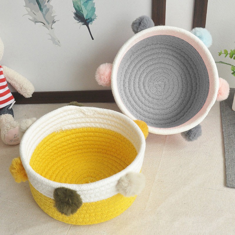 2x Cotton Woven Basket Clothing Magazine Desktop Storage Basket Remote Control Snack Storage Gray+White & Yellow+White