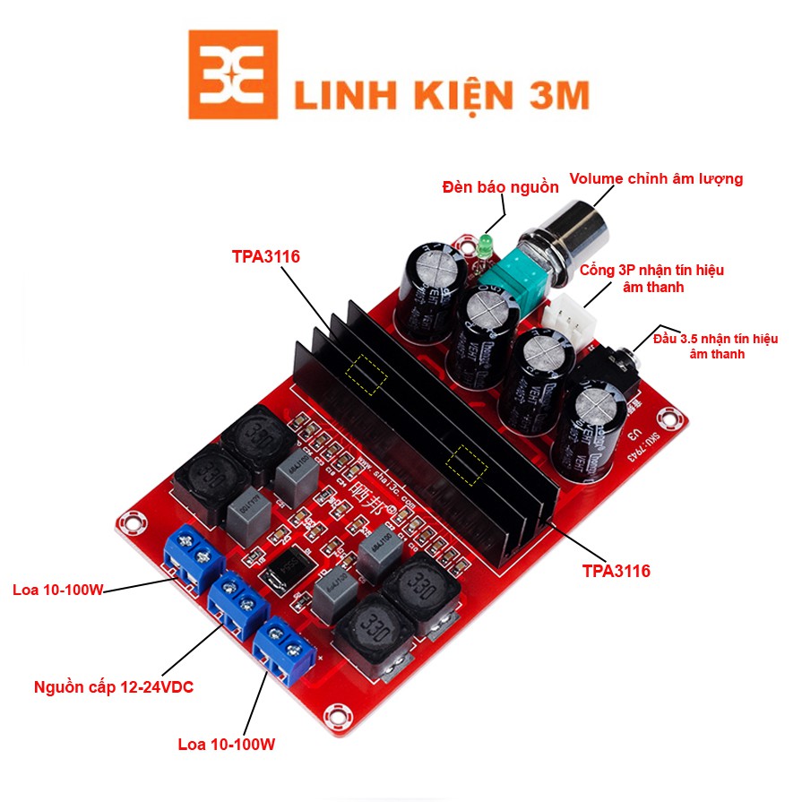 Module Khuếch Đại Âm Thanh TPA3116D2 HIFI 2.0 2*100W 12-24VDC 4-8 ohms