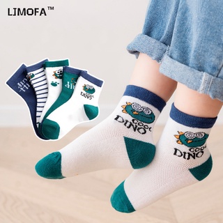 LJMOFA KIDS 5 cặp phù hợp cho trẻ em 1-12 tuổi vớ mùa hè mỏng sợi dây thừng ít dẻo ống vớ hoạt hình khủng long mỏng bông vớ trẻ em vớ bán buôn