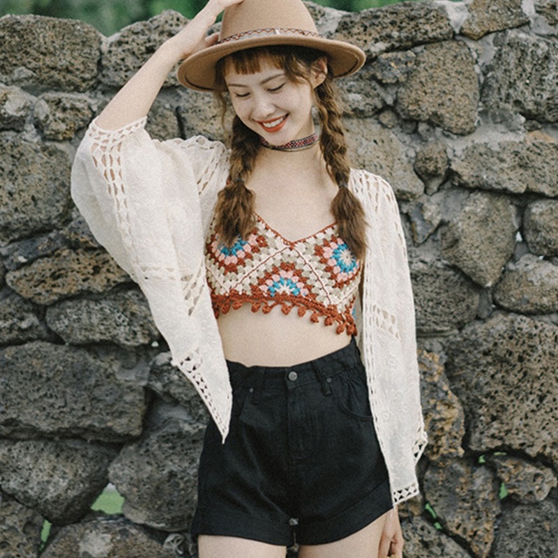 Youyo Áo Croptop Dệt Kim Cổ Chữ V Màu Tương Phản Phối Tua Rua Và Quả Bông Phong Cách Dân Tộc Retro Quyến Rũ