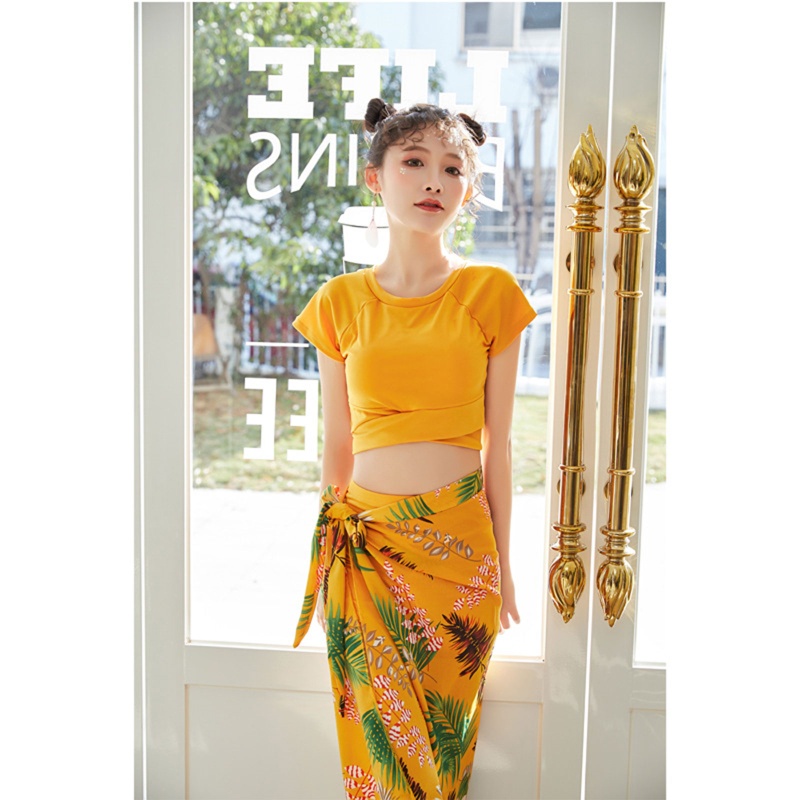 Bộ Đồ Bơi Ba Mảnh Gồm Áo Croptop + Chân Váy Ngắn Cột Dây Thời Trang Cho Nữ