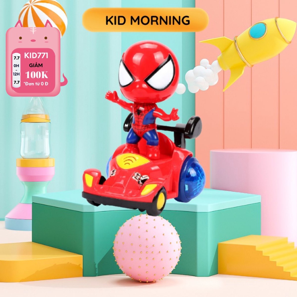 Đồ Chơi Trẻ Em Siêu Nhân Người Nhện Spider Man Lái Xe Ô Tô Đua Xoay Tròn Phát Sáng Phát Nhạc