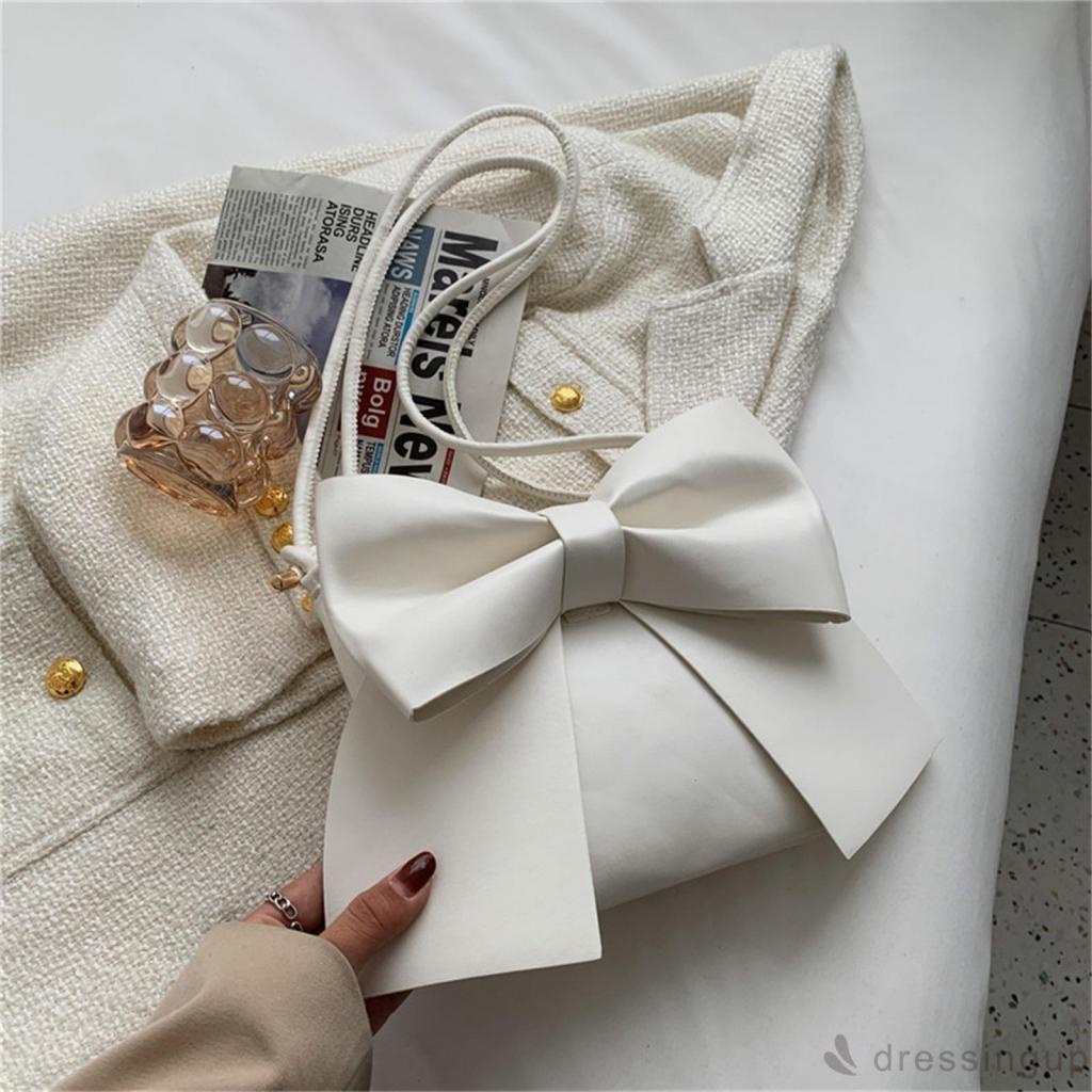 DRE-Female Shoulder Bag, Multipurpose Solid Color Bowknot Handbag Tote Bag for Women, White/Blue/Black