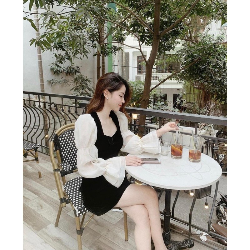 Đầm đen phối tay trắng h14