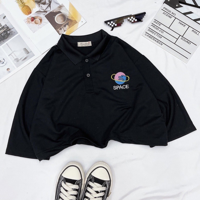 ÁO CROPTOP POLO OVERSIZED THÊU LOGO - ĐEN | BigBuy360 - bigbuy360.vn