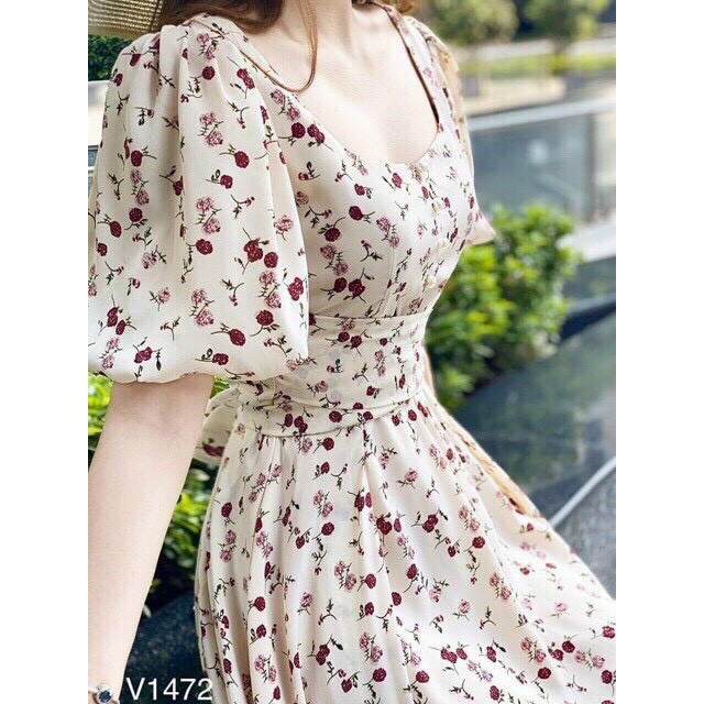 Đầm bông lụa tay ngắn cổ vuông phối dây eo