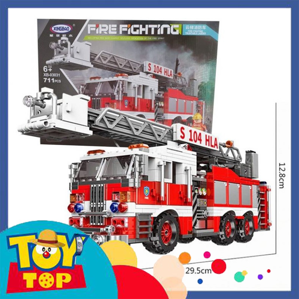 Bộ đồ chơi xếp hình ghép xe cảnh sát cứu hỏa thang trên không trượt dài - lắp ráp lính cứu hỏa Xingbao 03031