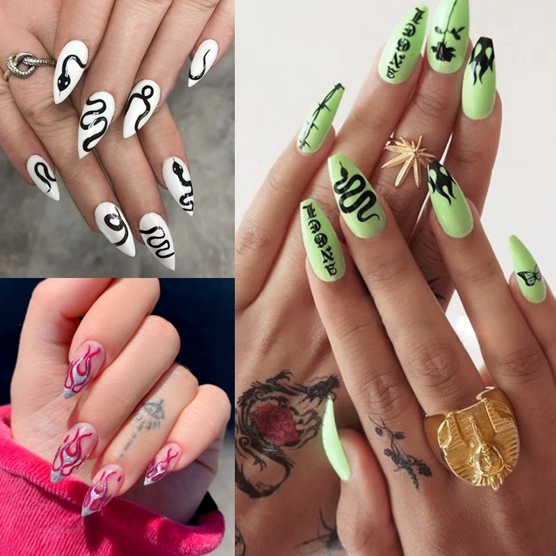 [Hàng mới về] Set 24 móng tay giả họa tiết rắn/ ngọn lửa trang trí nghệ thuật thủ công dành cho nữ