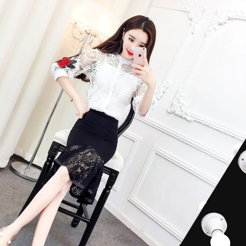 ▩▽summer new temperament stand-up collar embroidered lace top women s fashion stitching fishtail bag hip suit Skirt Western-style Spring