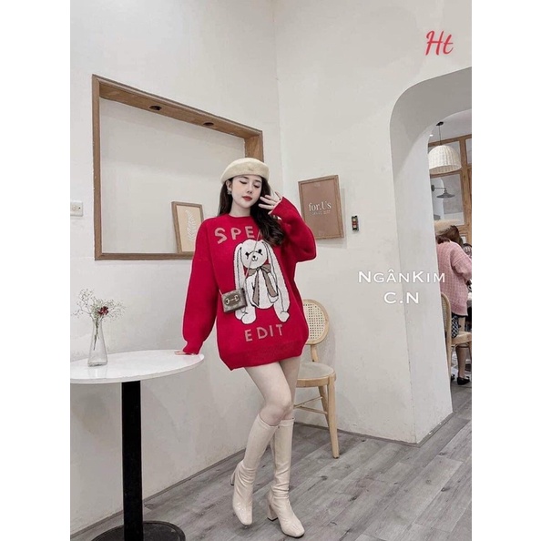 Áo nỉ đỏ gấu trắng tai dài HT12