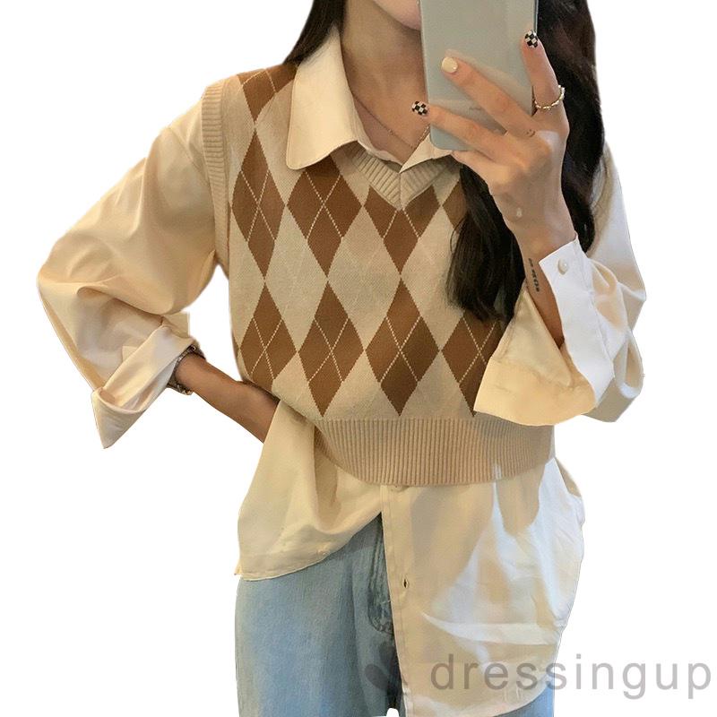 Áo croptop dệt kim sát nách cổ chữ V in họa tiết kim cương thời trang xuân đông cho nữ