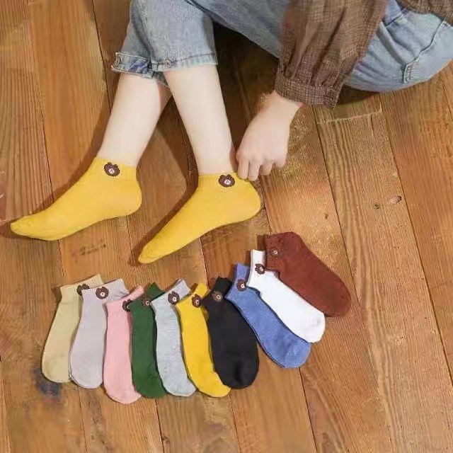 Combo 10 đôi tất gấu cổ ngắn họa tiết Brown tặng kèm túi đựng - ALALA