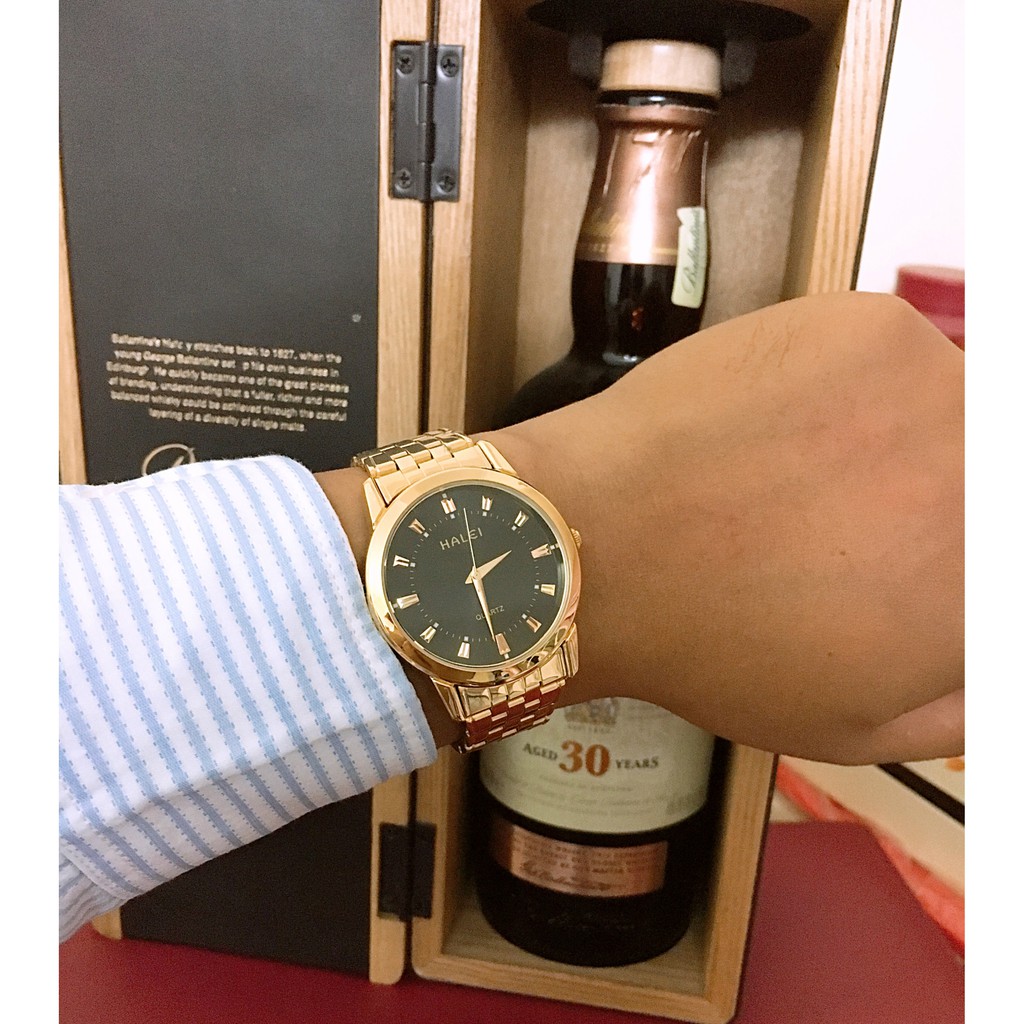 Đồng hồ cặp đôi dây thép Halei Gold black platium sang trọng, huyền bí | BigBuy360 - bigbuy360.vn
