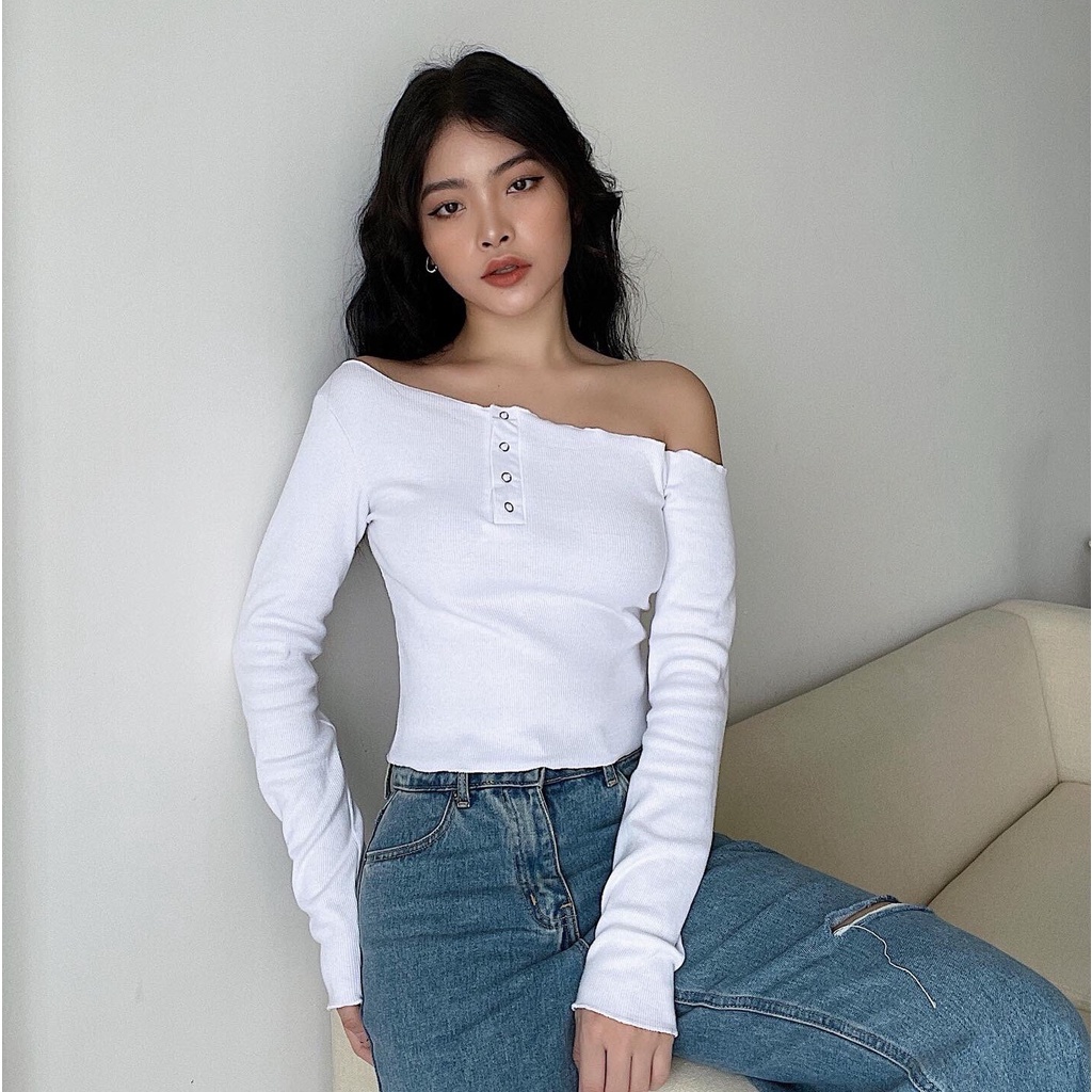 Áo croptop nữ dài tay body TOPTIFY lệch vai phối nút bấm Bailey Top AC197