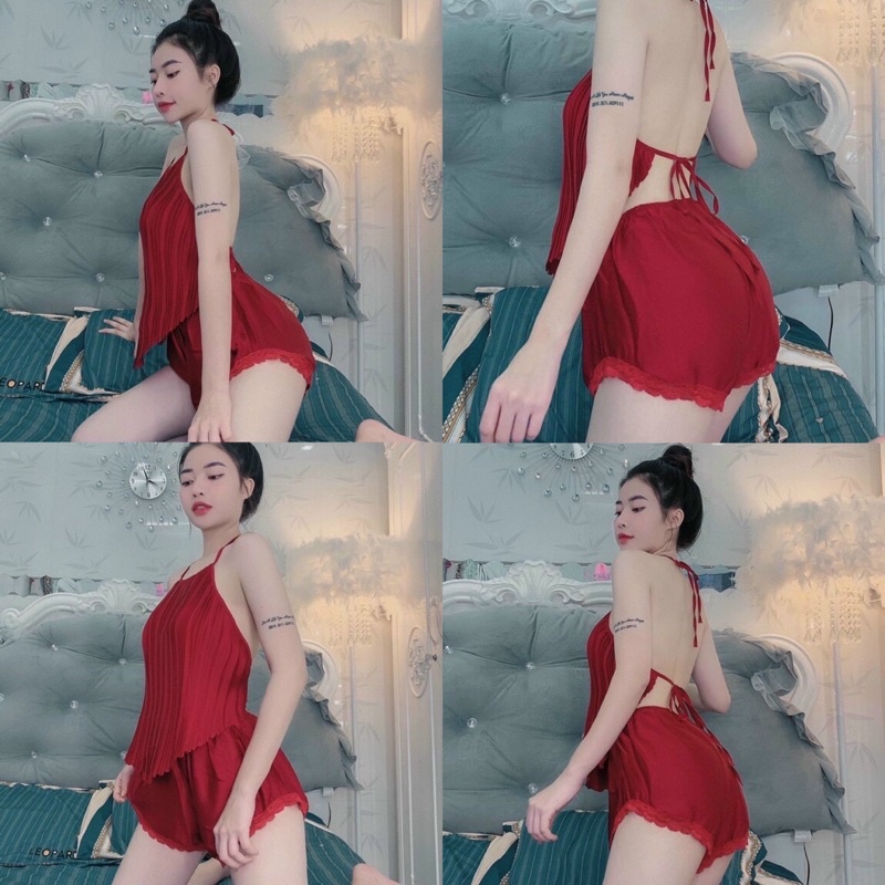 Set yếm hai dây phi lụa xếp ly sexy quyến rũ nhiều màu sắc