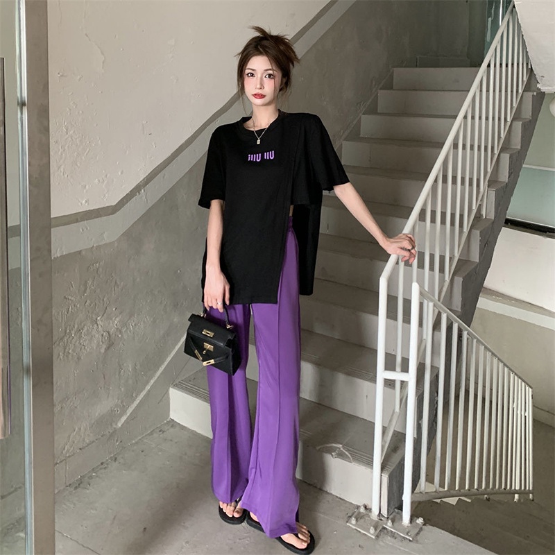 Áo thun tay ngắn/Quần dài xẻ tà IELGY thời trang cá tính cho nữ