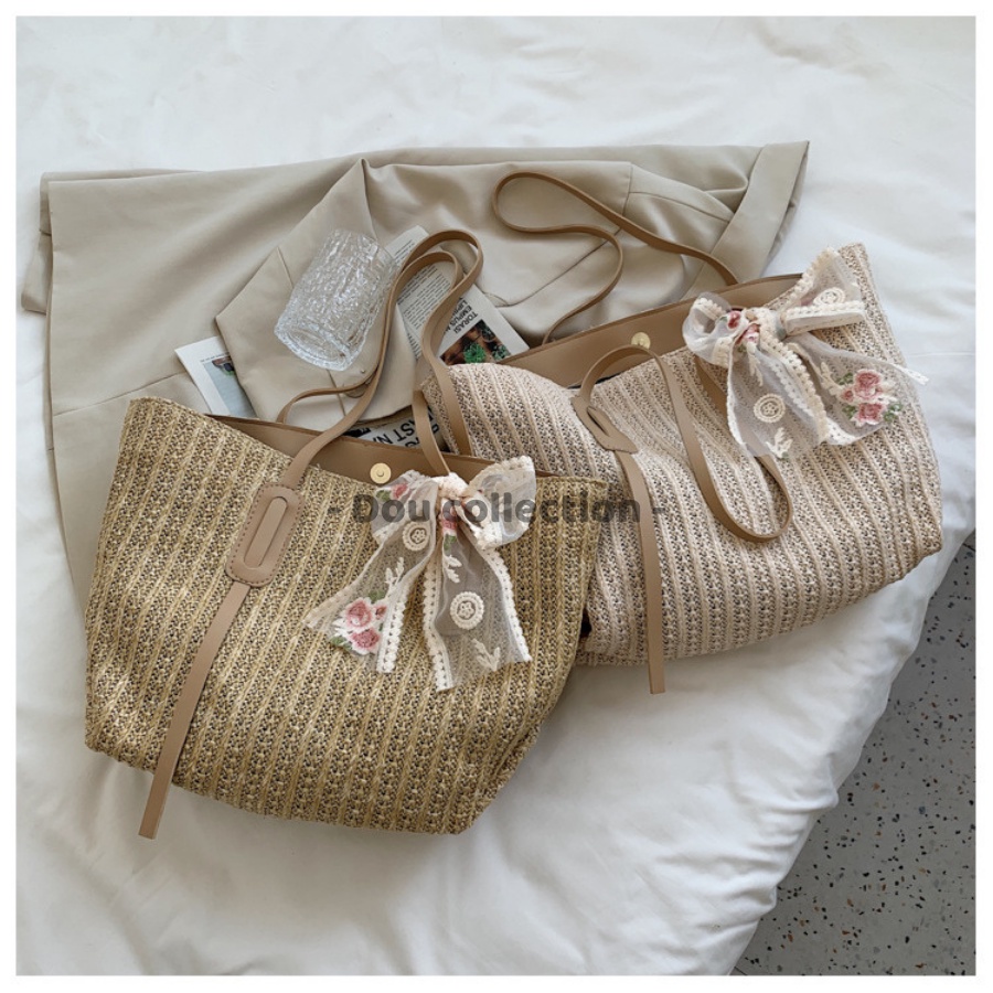 [NowShip2h] Túi Cói Đeo Vai (Túi Xách Kẹp Nách) Tote Trơn Phối Nơ Ren Thời Trang Đi Biển - Mã XT055