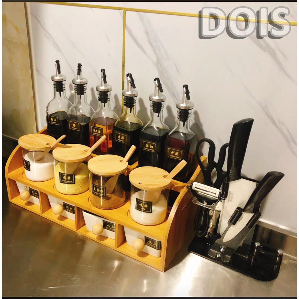 Full Bộ Kệ gỗ, Chai thủy tinh và Hũ đựng gia vị (mắm, muối, dầu ăn, mì chính....) cao cấp / DOIS | BigBuy360 - bigbuy360.vn