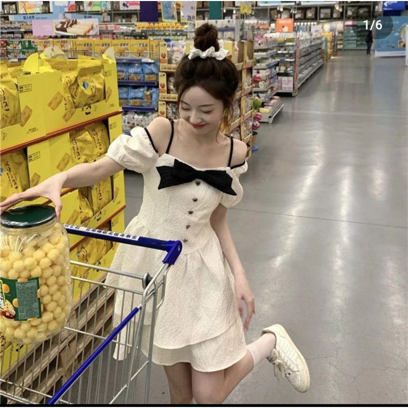 Đầm Xoè Gấm Nơ Trễ Vai Bigsize