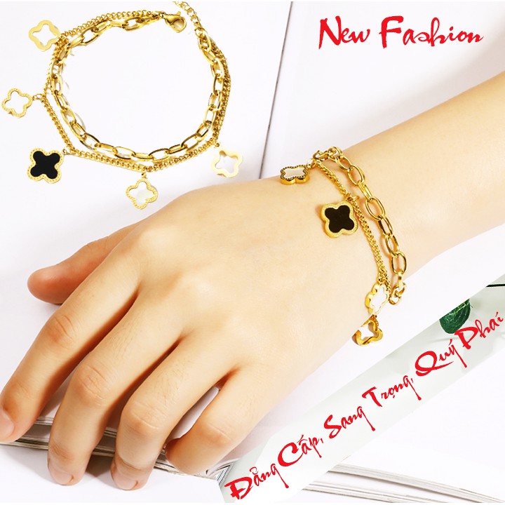 Lắc tay nữ titan cao cấp kiểu xích 2 tầng rớt hoa 4 cánh siêu đẹp, bền màu, hợp thời trang, dễ phối đồ