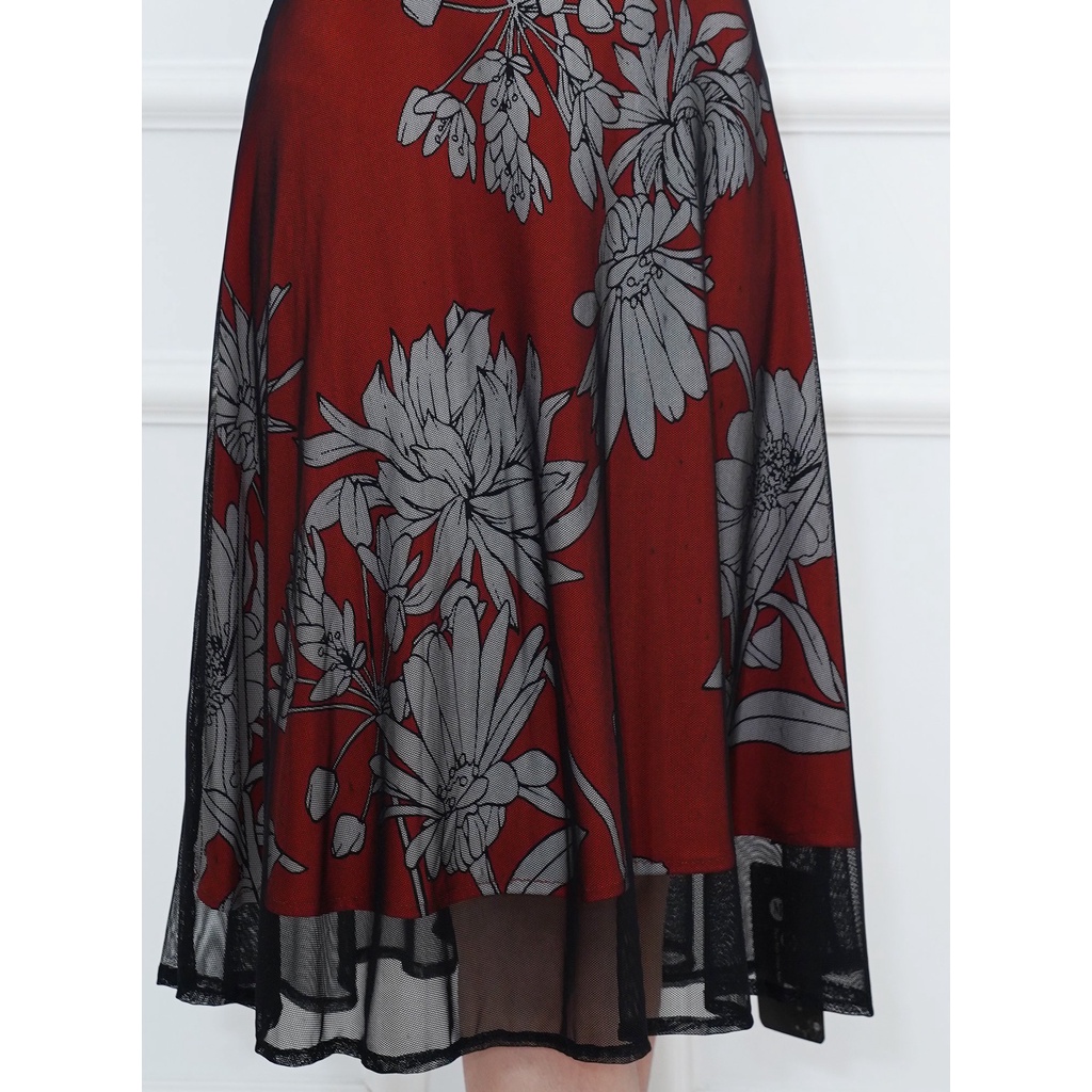 GOTI - Đầm Trung Niên Dự Tiệc Dáng Xòe Dài Qua Gối Phối Lưới Co Giãn Tốt Sang Trọng Cho Mẹ U50 U60 3351 3332