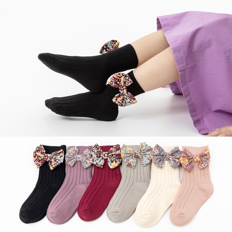Đôi Vớ Cotton In Hoa Đính Nơ Dành Cho Bé Gái