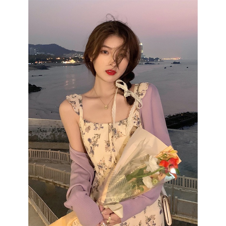 QKOOLE  Áo cardigan màu trơn và áo hai dây dệt kim thời trang Hàn Quốc cho nữ