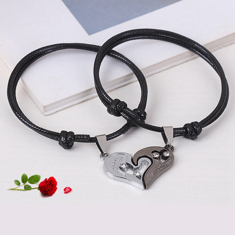 Set 2 vòng tay thiết kế trái tim đính đá quý nhân tạo sang trọng dành cho cặp đôi